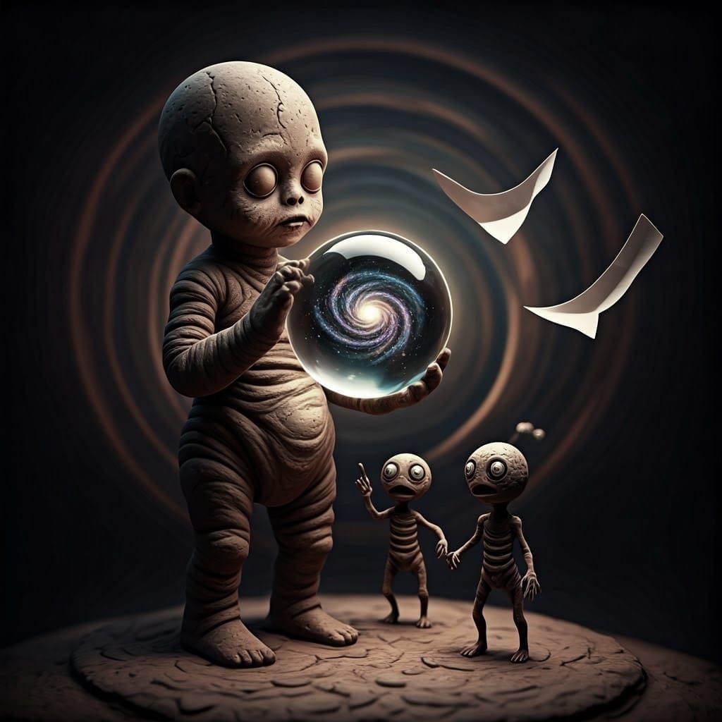 Creepy Clay Doll Statue Holding Galaxy Sphere