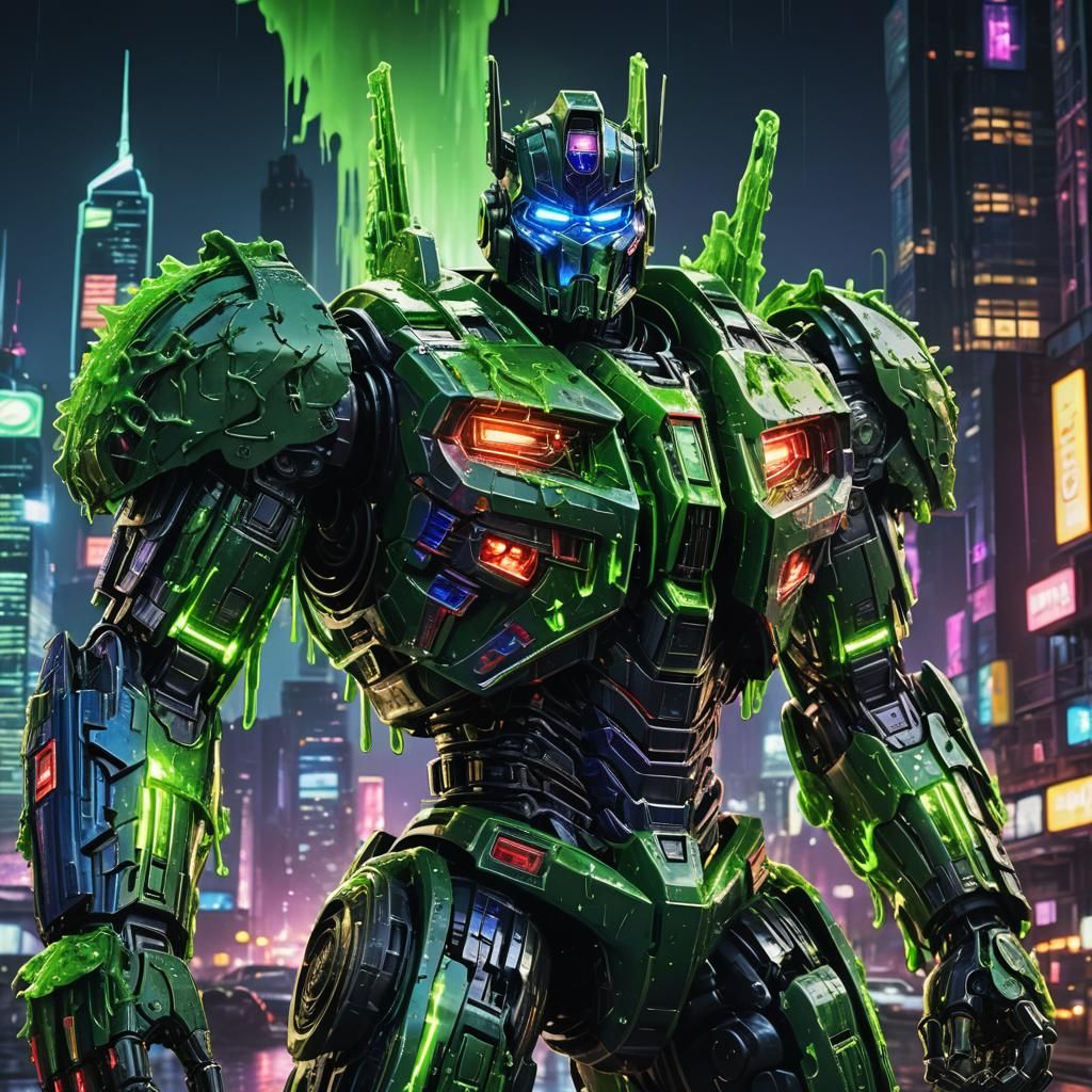 Optimus Prime as Glowing Slime in Neon City