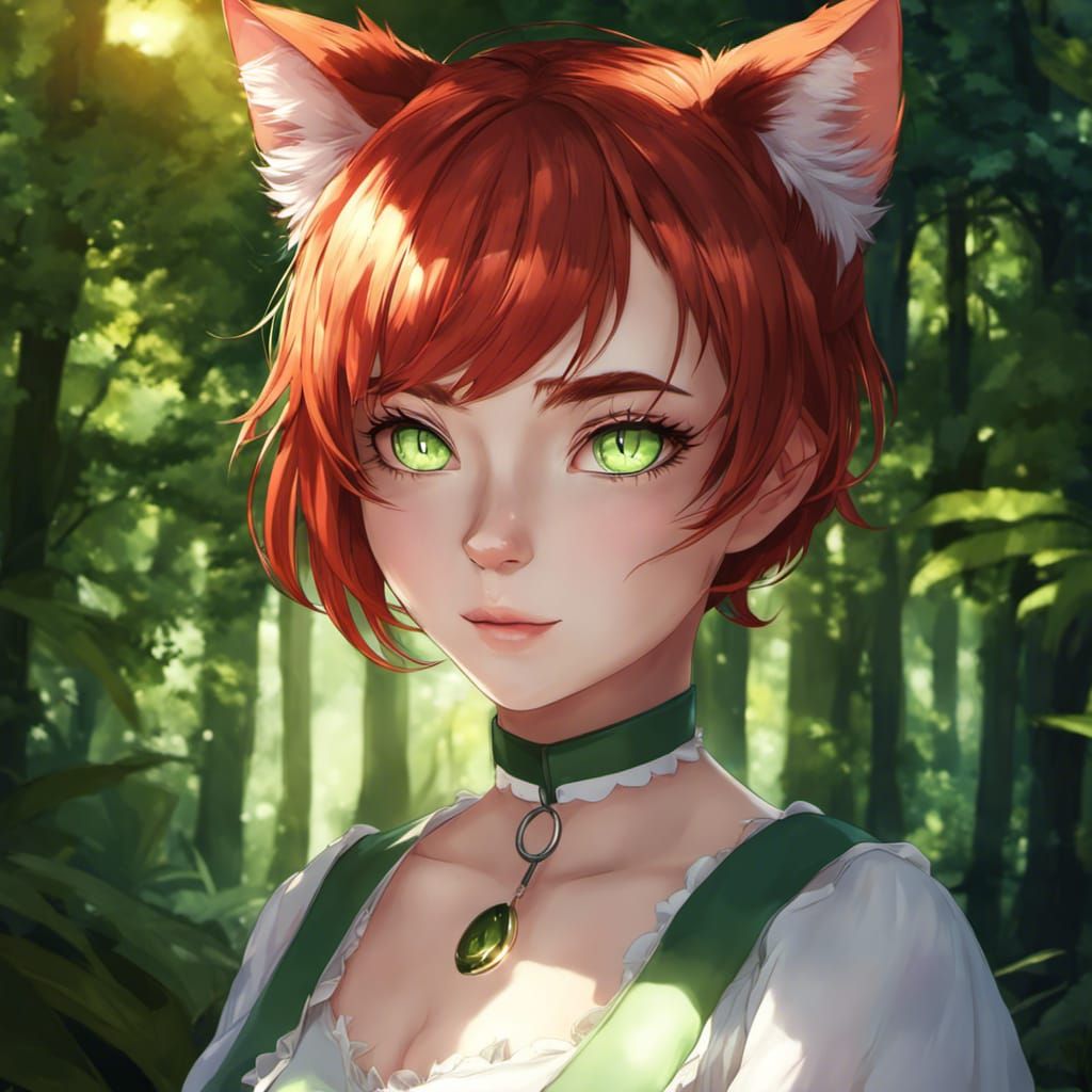Anime Cat Girl Portrait in Forest, Sharp Detail