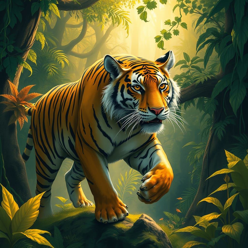 Majestic Tiger in Lush Jungle, Stylized Realism