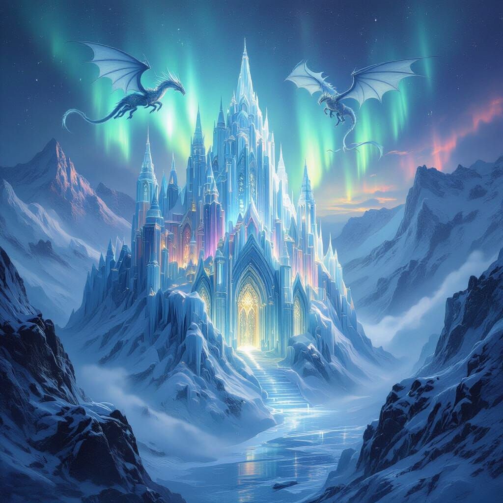 Ethereal Ice Cathedral with Dragons Under Aurora