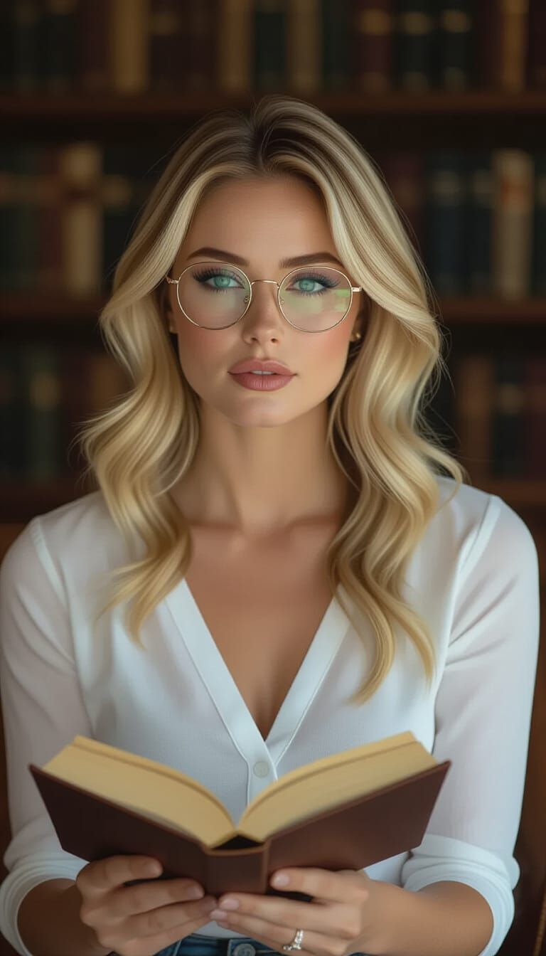 Blond Woman Reading Book in Cinematic Style
