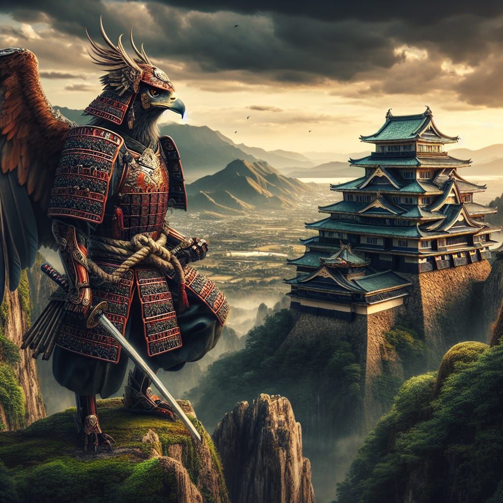 Falcon Samurai Surveys Distant Castle in Fantasy Scene
