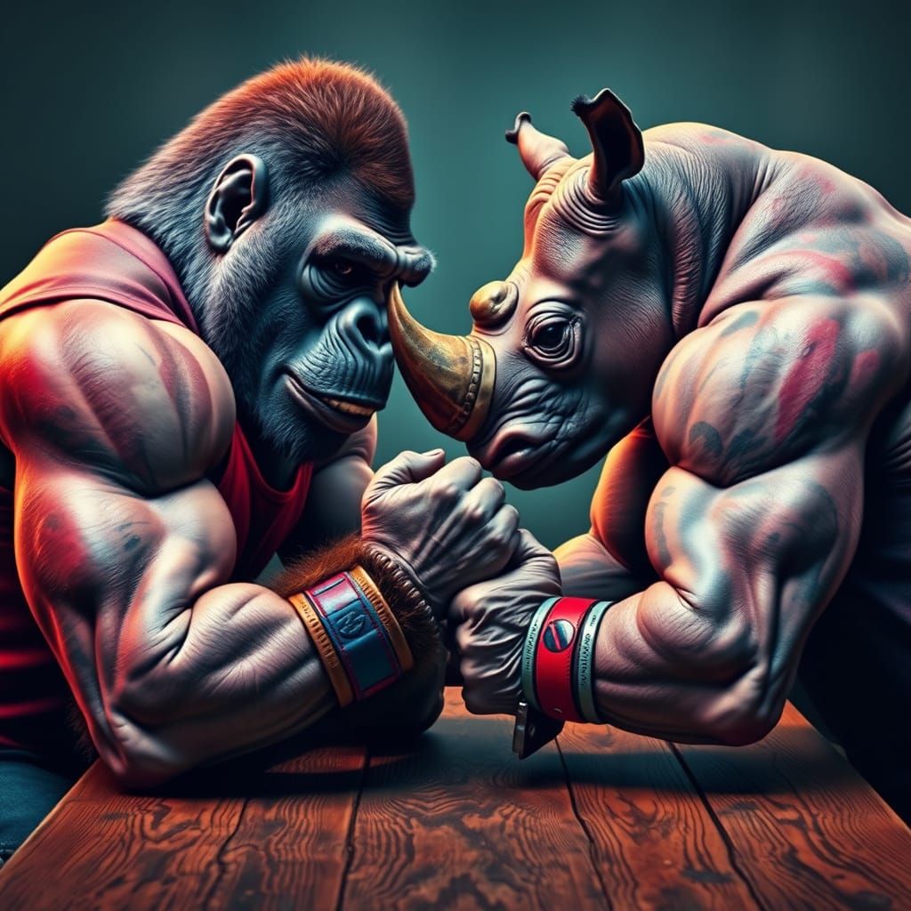 Gorilla and Rhino Arm Wrestling in Hyperrealistic Style