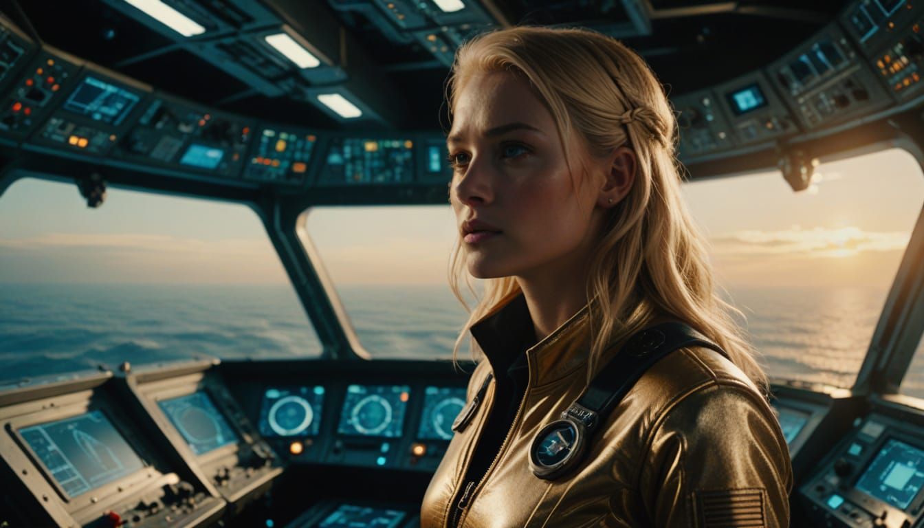 Female Captain on Spaceship Deck in Golden Light