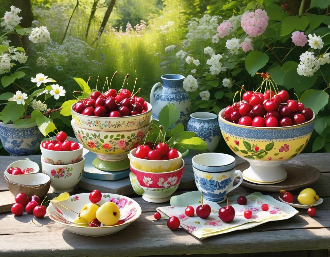 Cherries and Summer Flowers Still Life, Art Brut