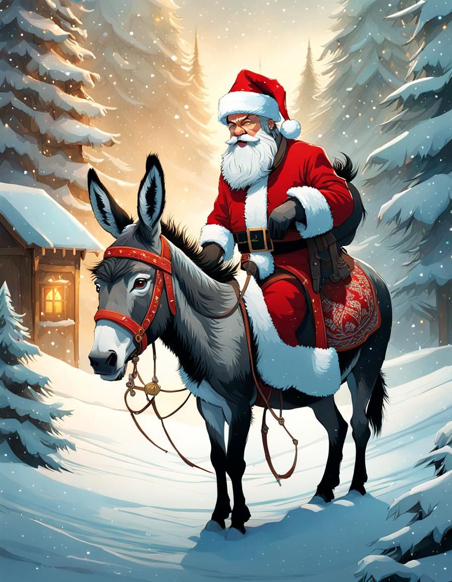 Festive Donkey in Winter Wonderland, Digital Painting