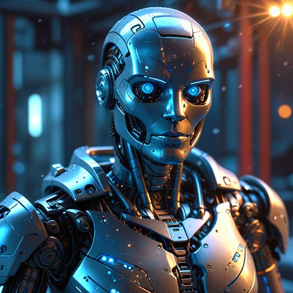 Cybernetic Christmas Warrior in a Festive Sci-Fi Lab