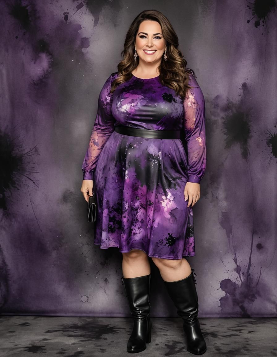 Elegant Woman in Purple Dress, Curvy Beauty in Dark Living R...