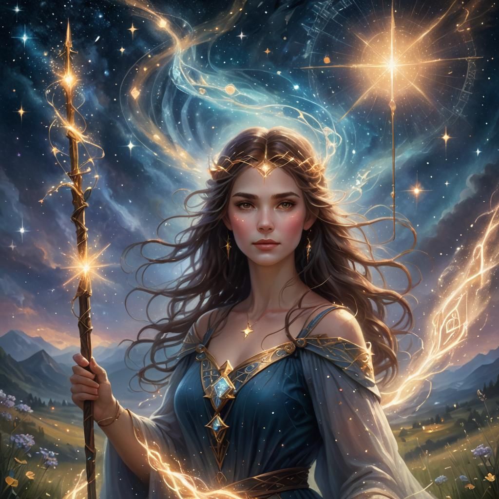Magical Woman in Starry Field: Ethereal Fantasy Art