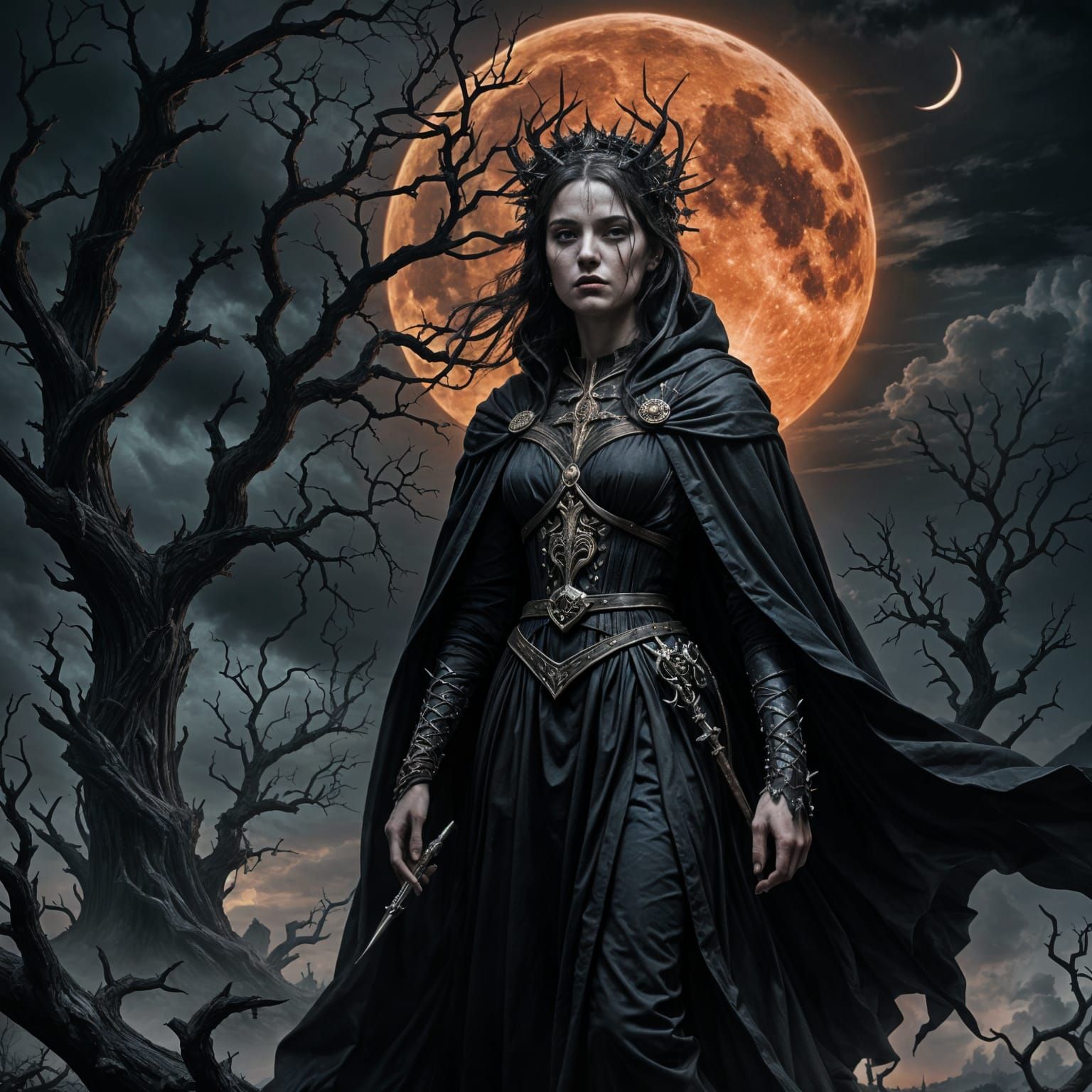 Gothic Queen on Precipice Under Blood Moon