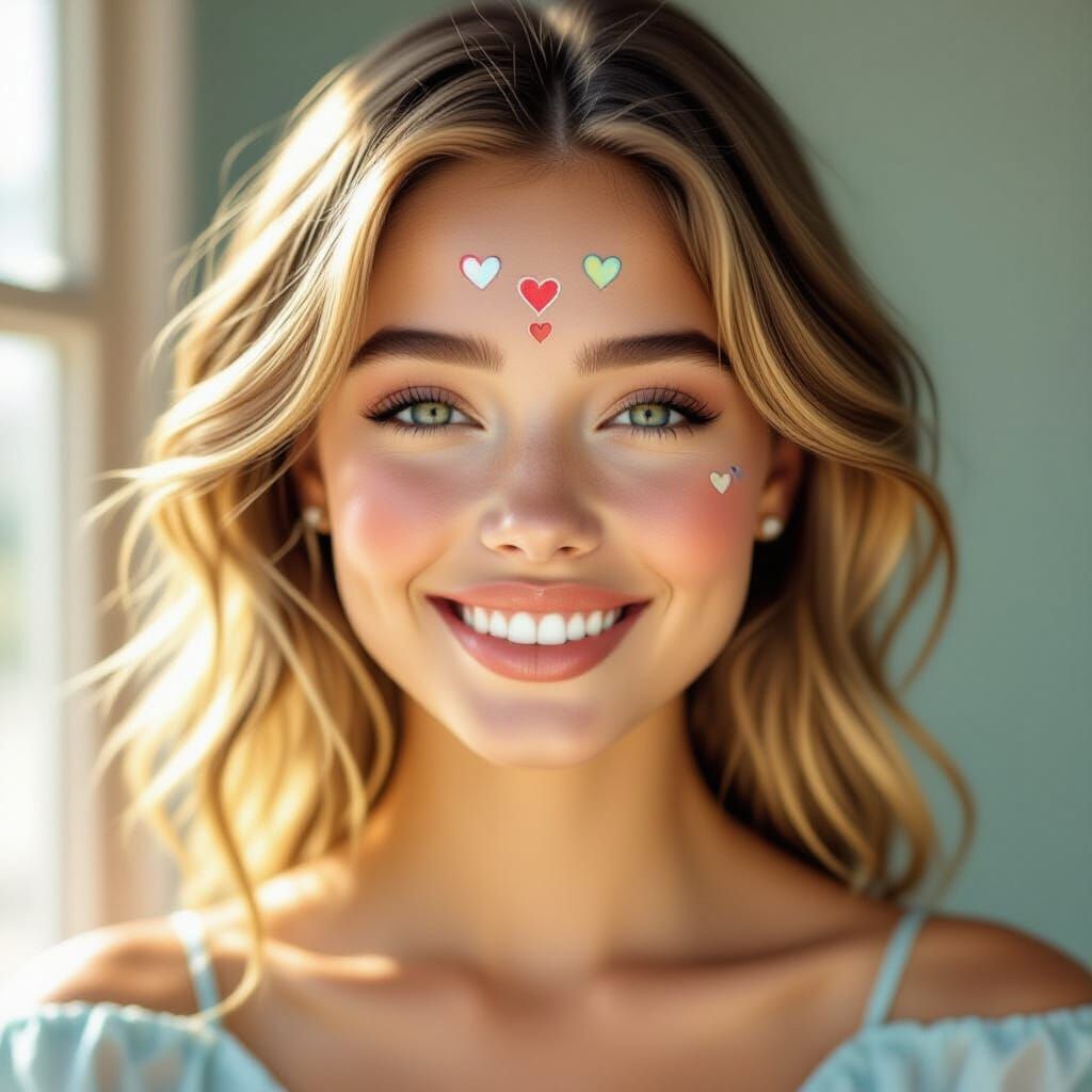 Happy Woman Portrait with Freckles and Blue Dress