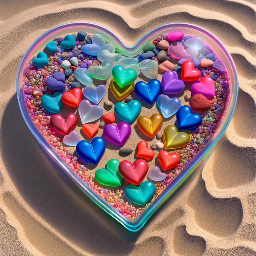 Glowing Hearts in Surreal Beach Landscape