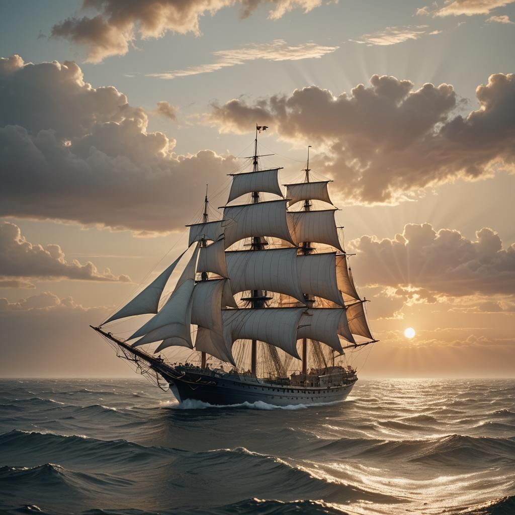 Majestic Frigate Sails in Ethereal Golden Light