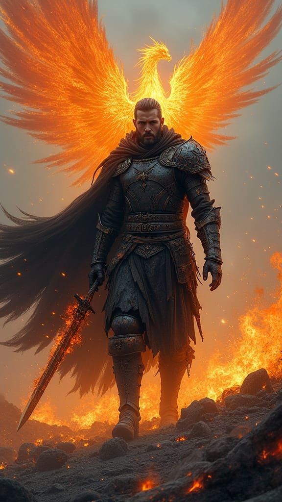 Warrior Amidst Burning Ruins in a Cyberpunk Fantasy Landscap...