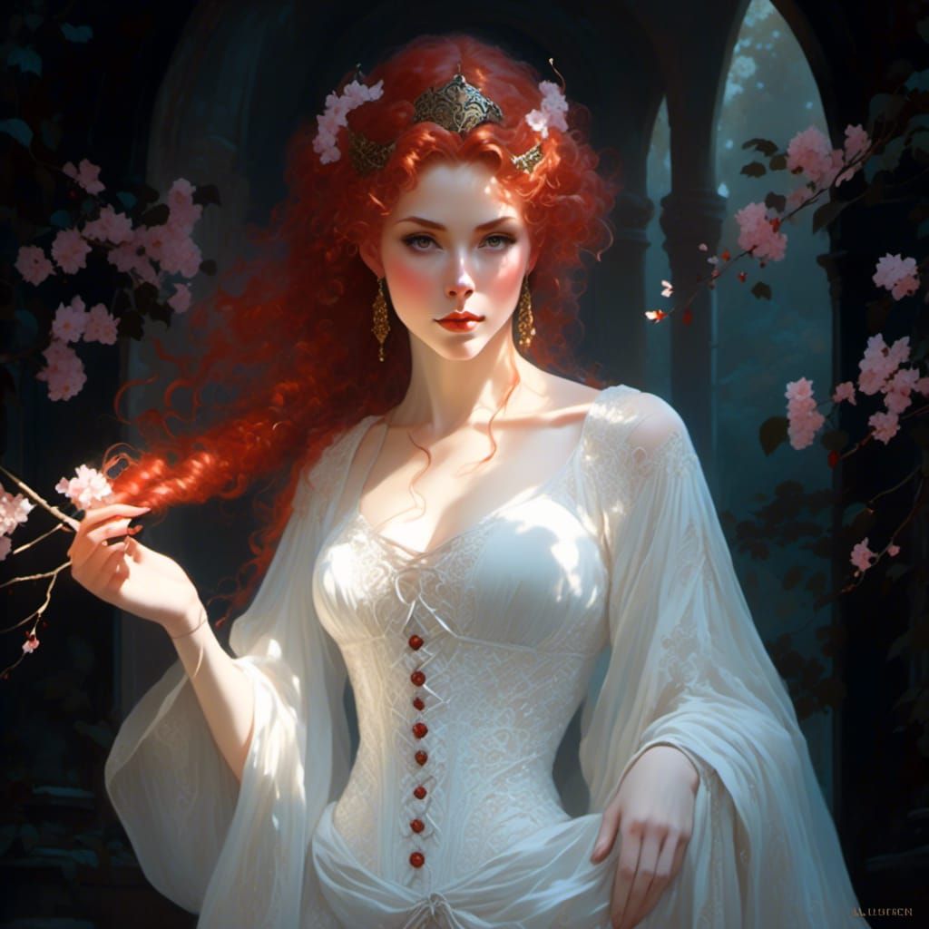 Red-Haired Hedge Witch with Cherry Blossoms