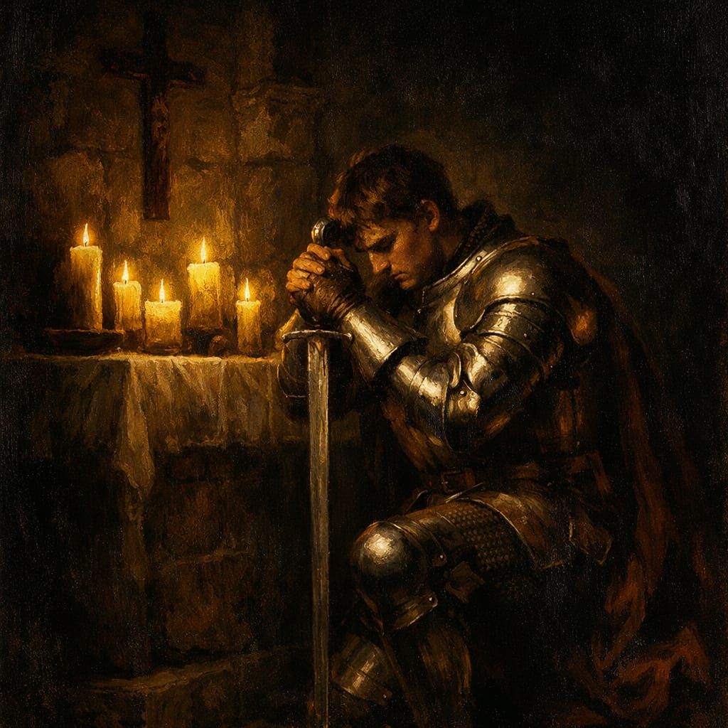 Knight's Vigil in Candlelit Chapel, Baroque Realism