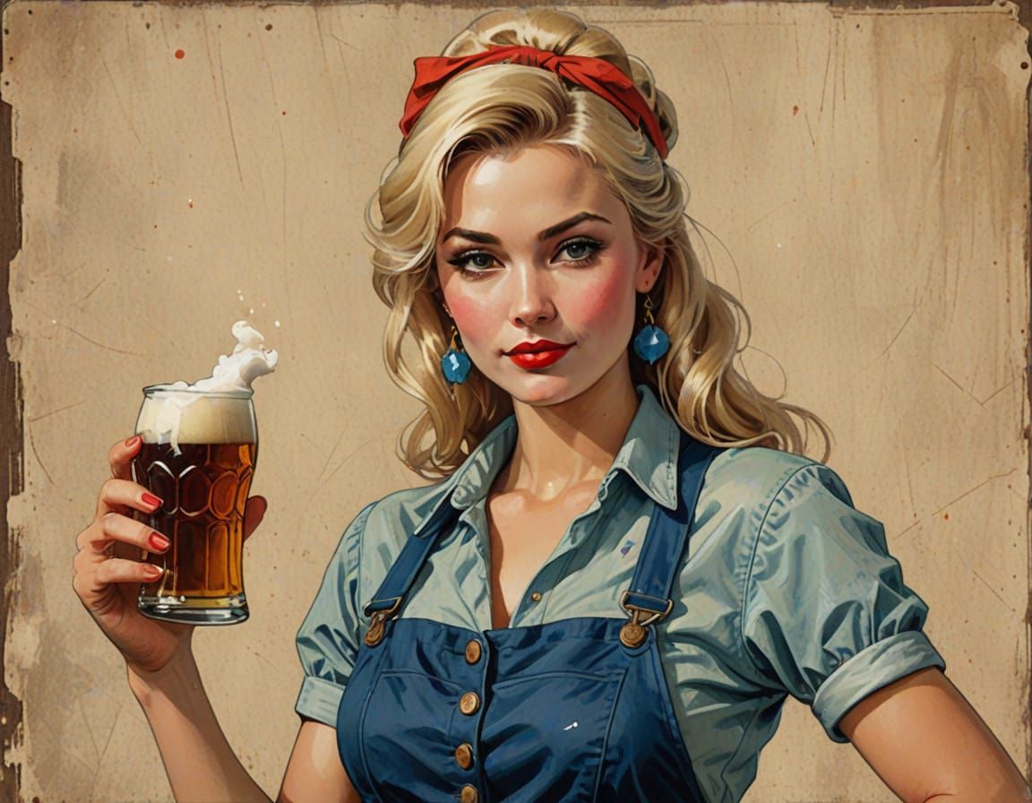 Vintage Russian Beer Seller in Pin-Up Style
