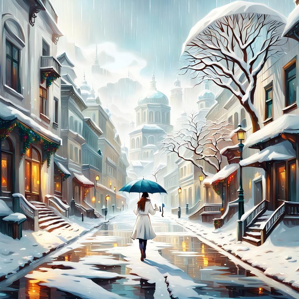 Girl With Spring Umbrella in Snowy City
