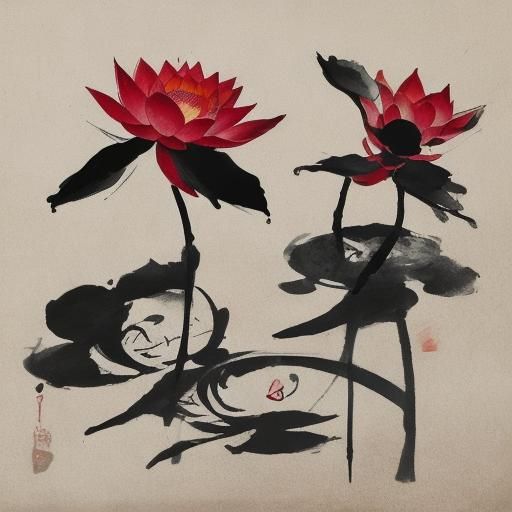Red lotus flowers in water / Qi Baishi style / Chinese ink