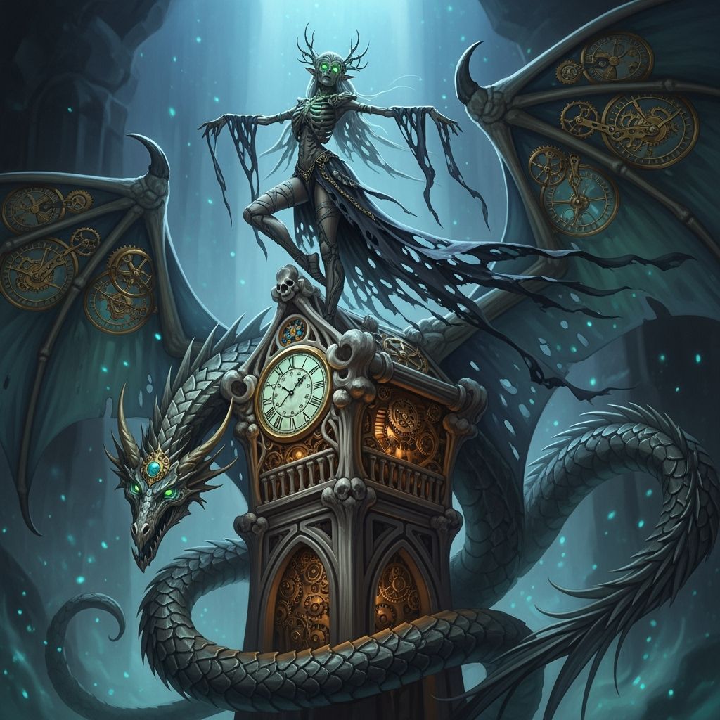 Skeletal Elf Dancer on Bone Clock Tower with Clockwork Drago...