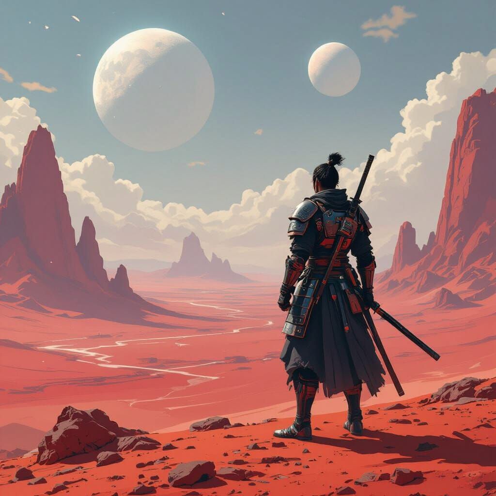 Cybernetic Samurai on Alien Crimson Desert