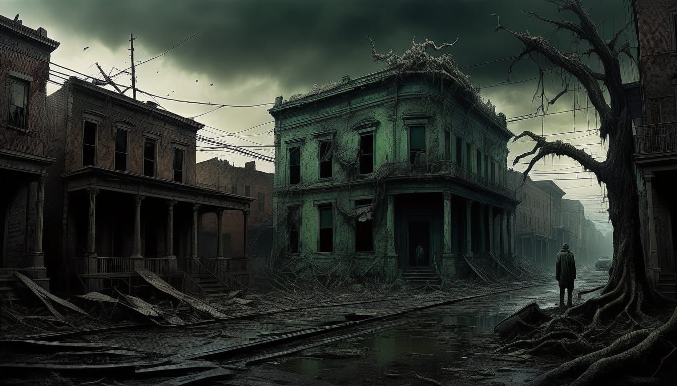 Post-Apocalyptic Southern Cityscape in Muted Eerie Green Hue...