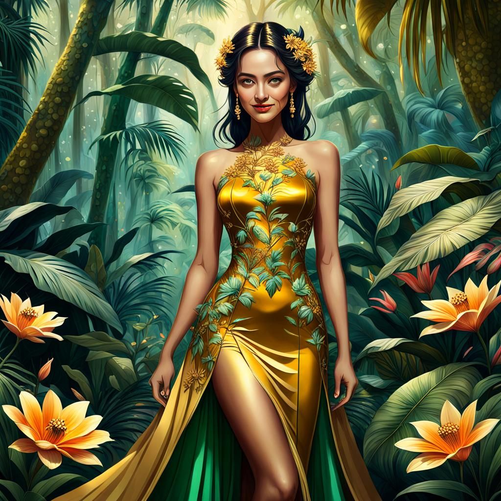 Beautiful Woman in Golden Dress, Detailed Matte Painting