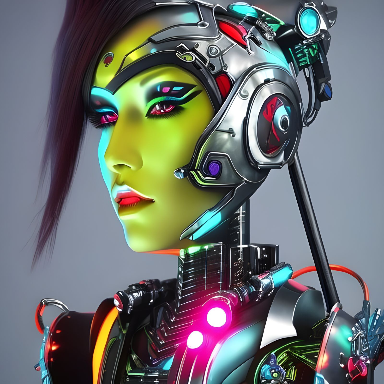 Neon Cyberpunk Cyborg Goddess in Steampunk Style