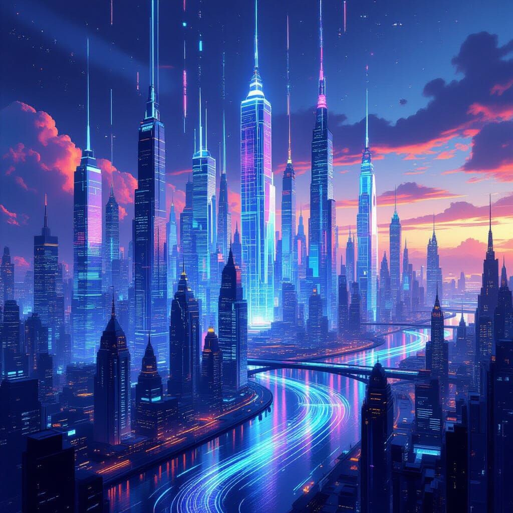 Majestic Holographic City Skyline with Data Streams