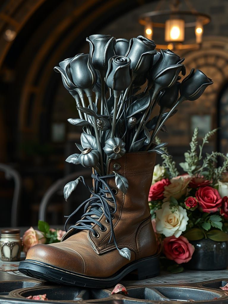 Gun-Metal Roses Overflowing from Leather Combat Boot