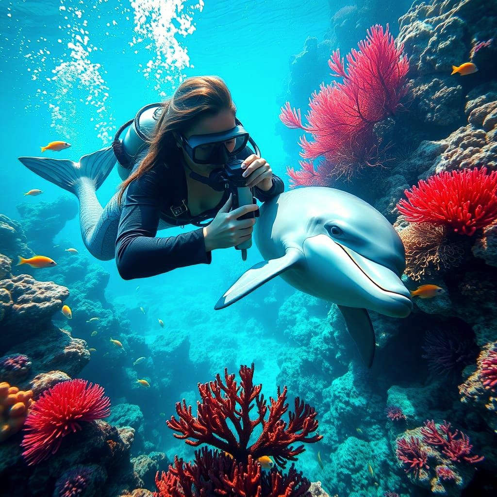 Mermaid and Diver Photographing Underwater Coral Reef