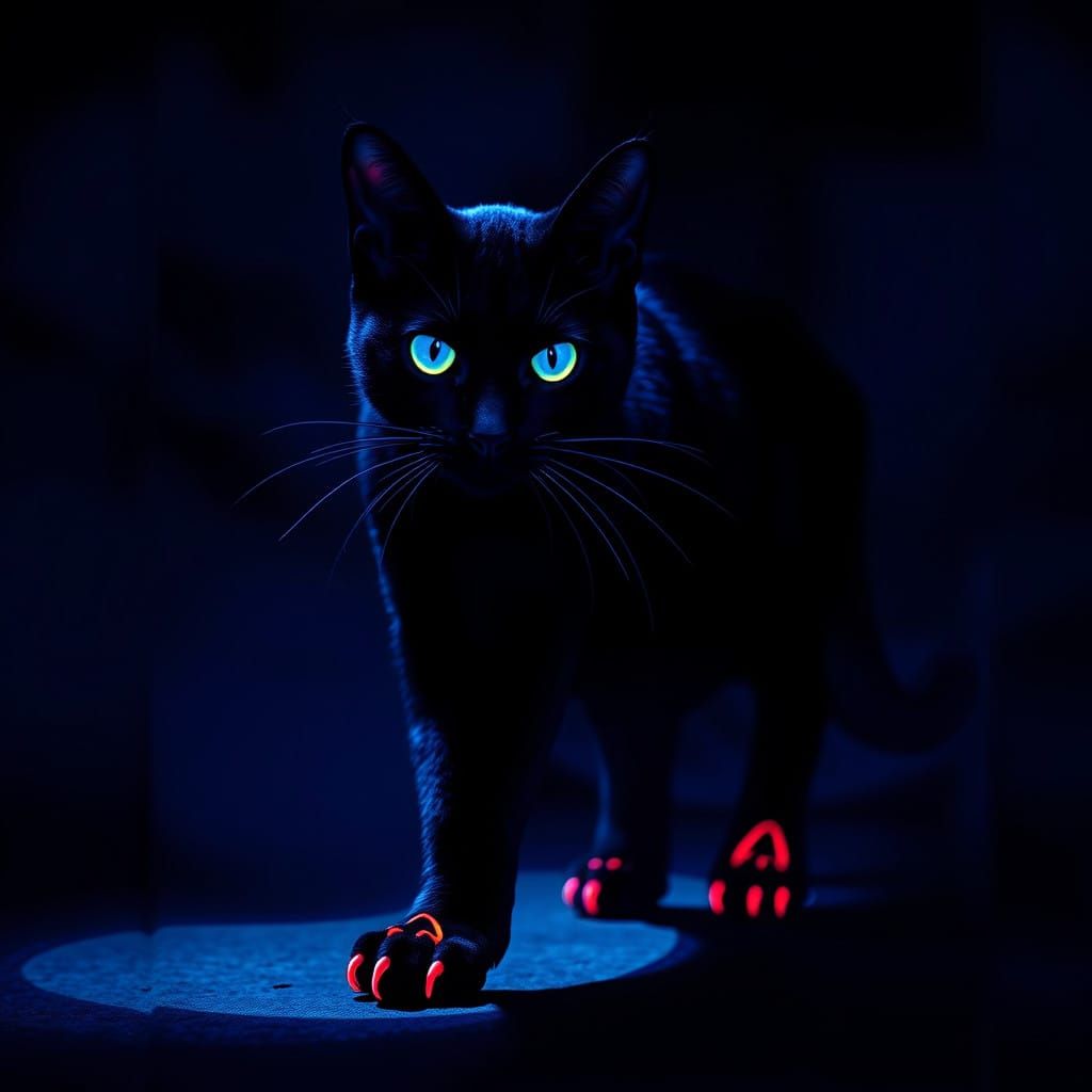 Mystical Black Cat in Dark, Runic Cyberpunk Art