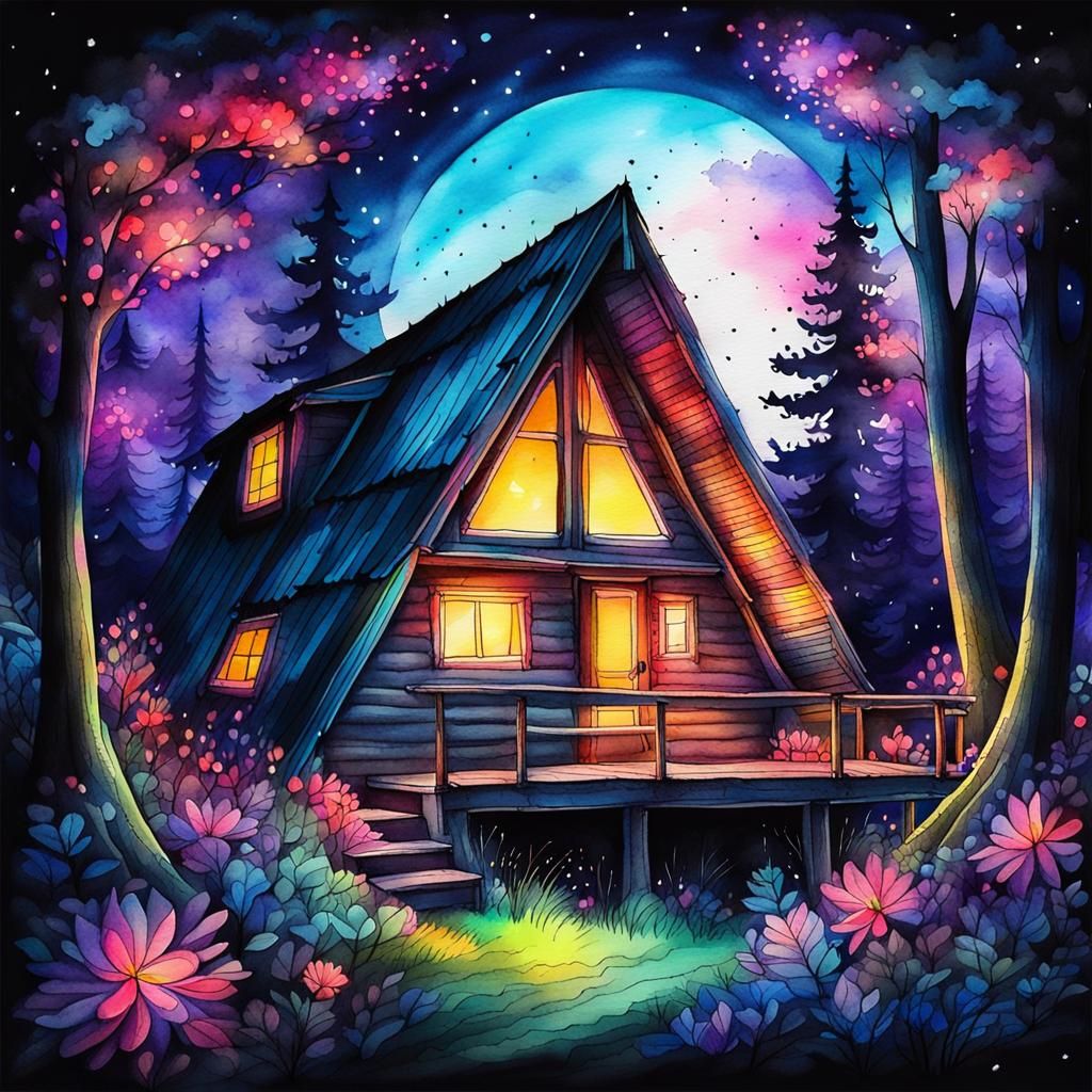 A-Frame Cabin in Magical Neon Blossom Woods