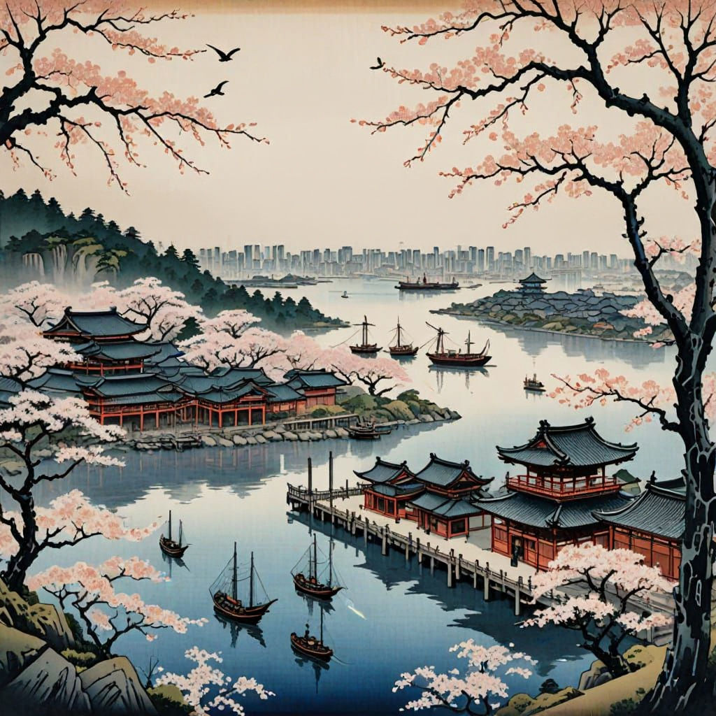 Dockland Tokyo in ukiyo e style