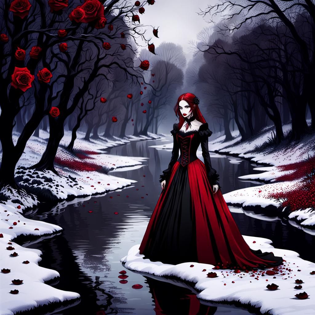 Gothic Girl and Vampire in Snowy Rose Field
