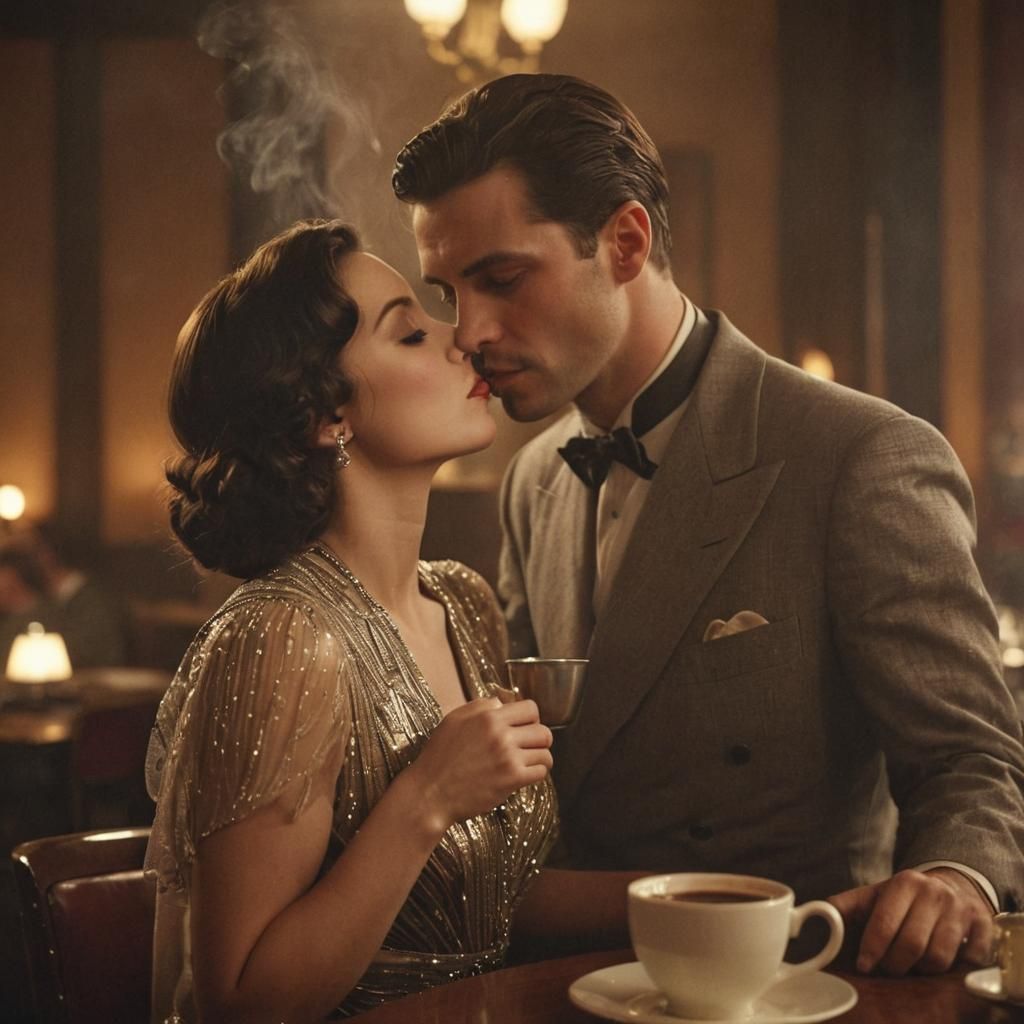 Romantic Art Deco Kiss Over Coffee, Film Noir