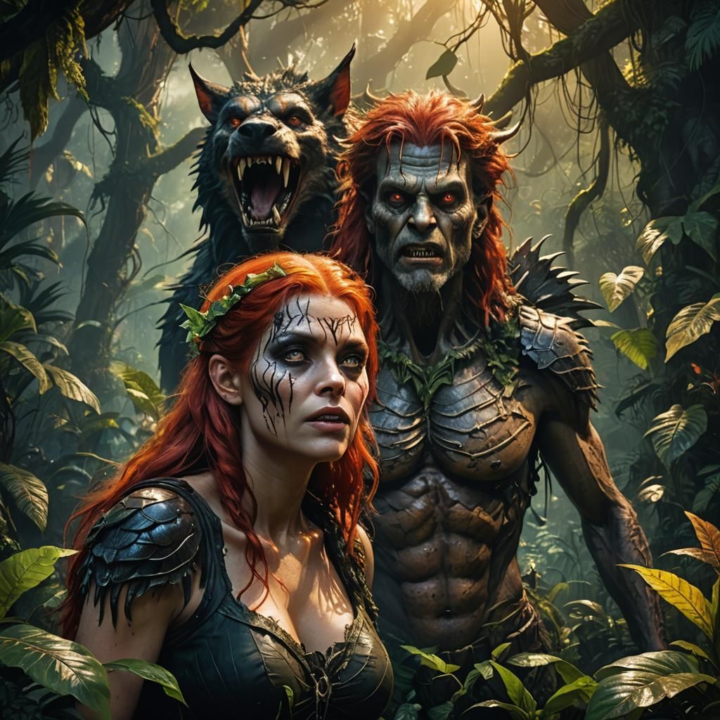 Fairy and Werewolf in Jungle, Hyperrealistic Concept Art