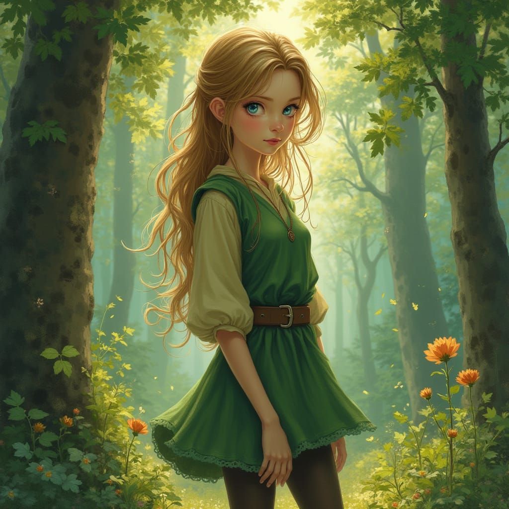 Whimsical Woodland Goddess in a Flowing Green Attire
