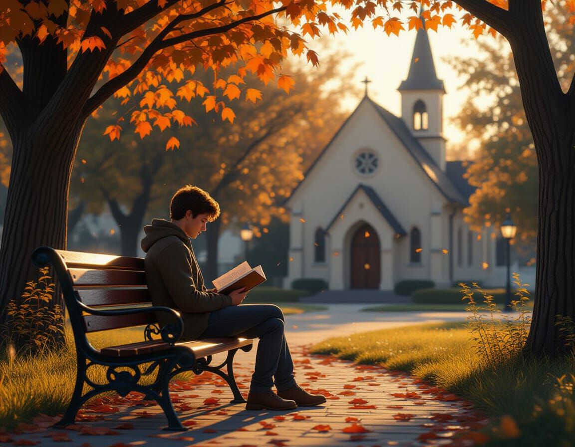 Man Reading by Chapel in Golden Hour Glow