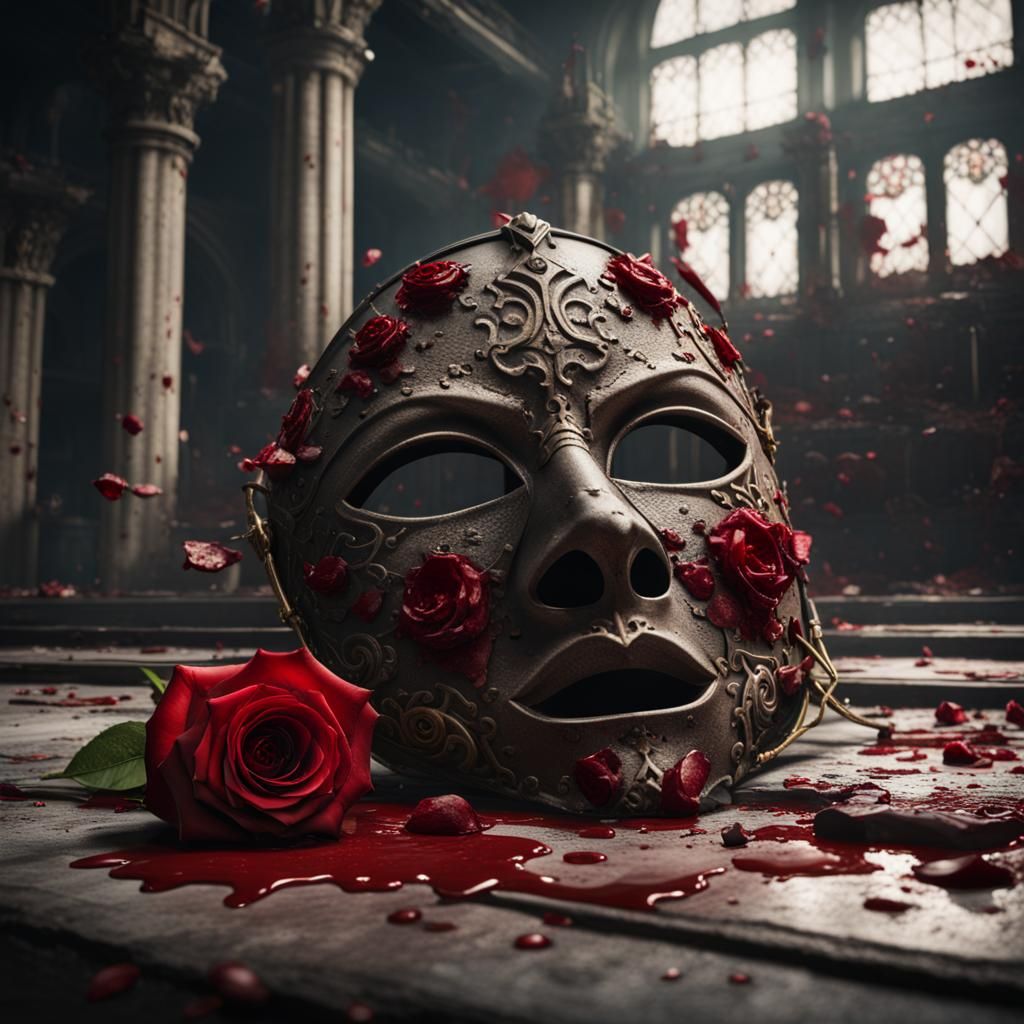 Bloody Mask and Rose in Abandoned Building