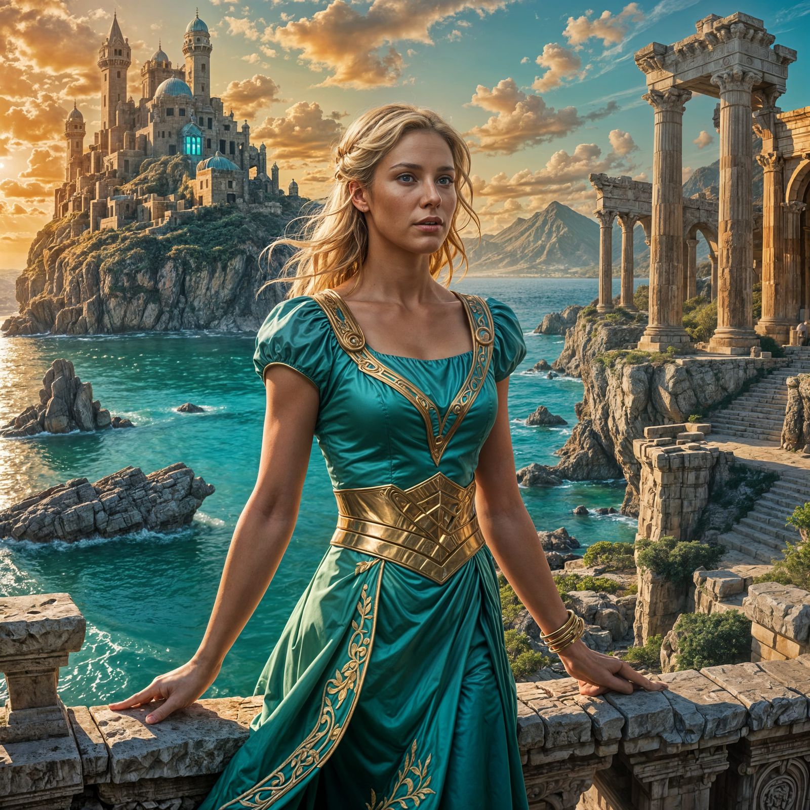 Blonde Woman in Turquoise Dress on Atlantis Coast