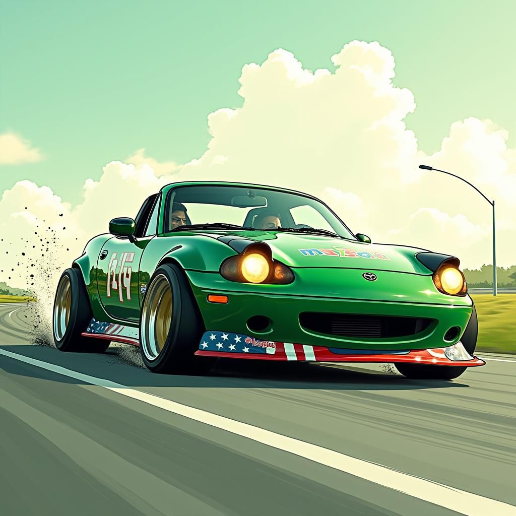 Patriotic Mazda Miata Drifting in Comic Book Style