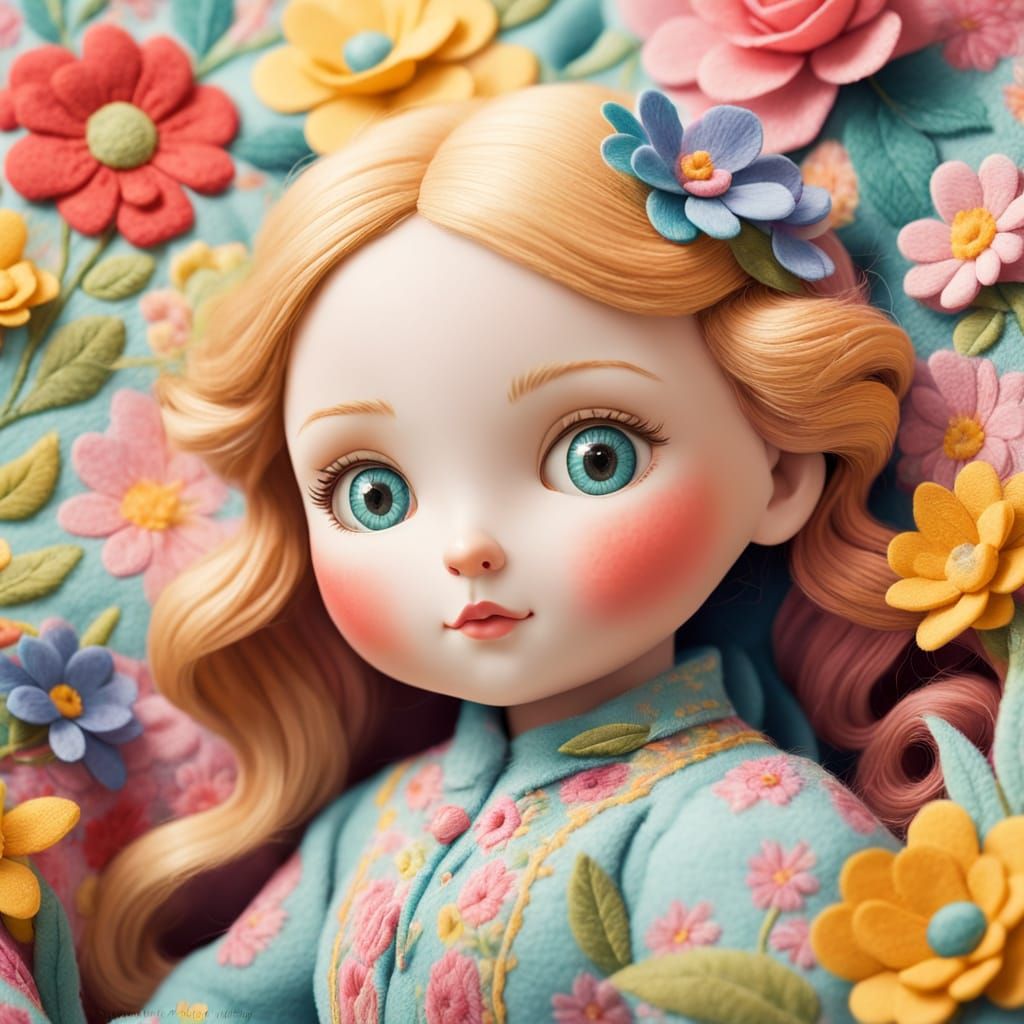 Whimsical Felt Doll Portrait in Dreamy Colors
