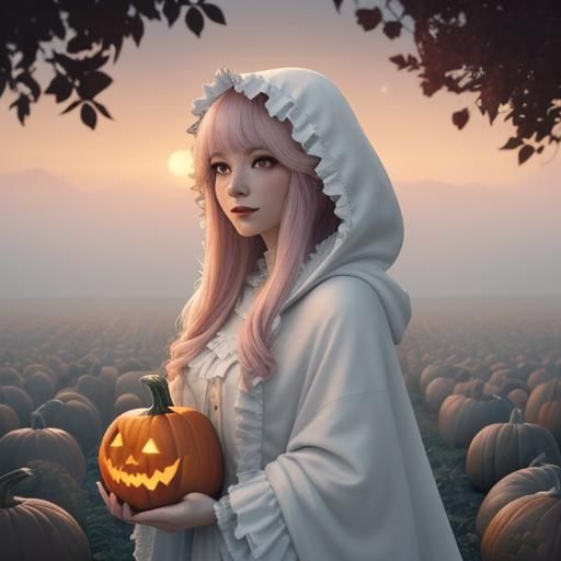 Cute Halloween Ghost in Pumpkin Field, Digital Art