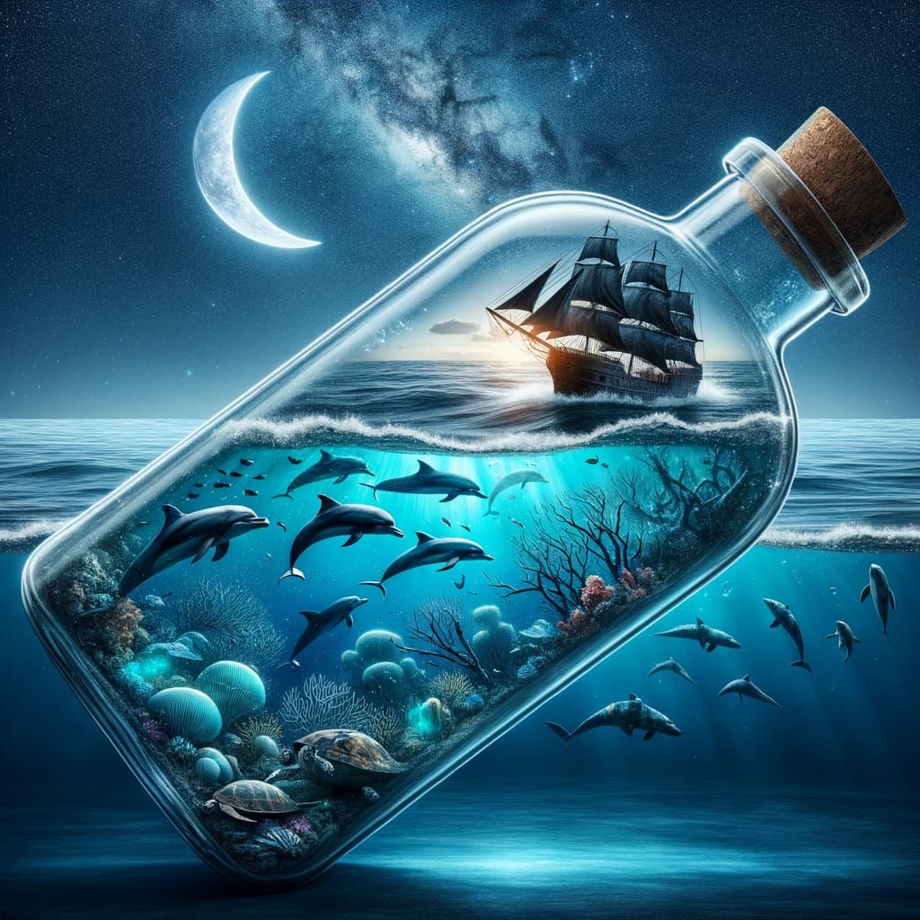 Gigantic Bottle Containing a Sea Ecosystem Under a Moonlit S...