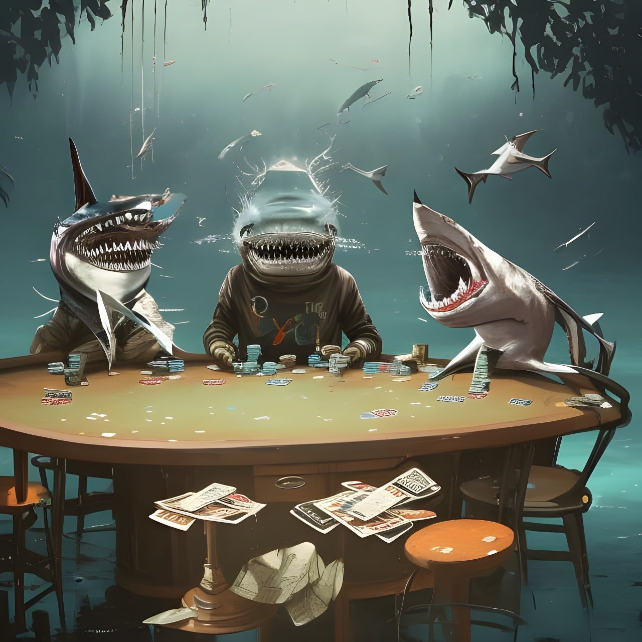 Underwater Poker Game in Vivid Colors