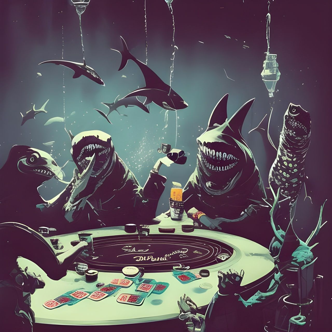 Poker Game with Shark: Vivid Intricate Illustration