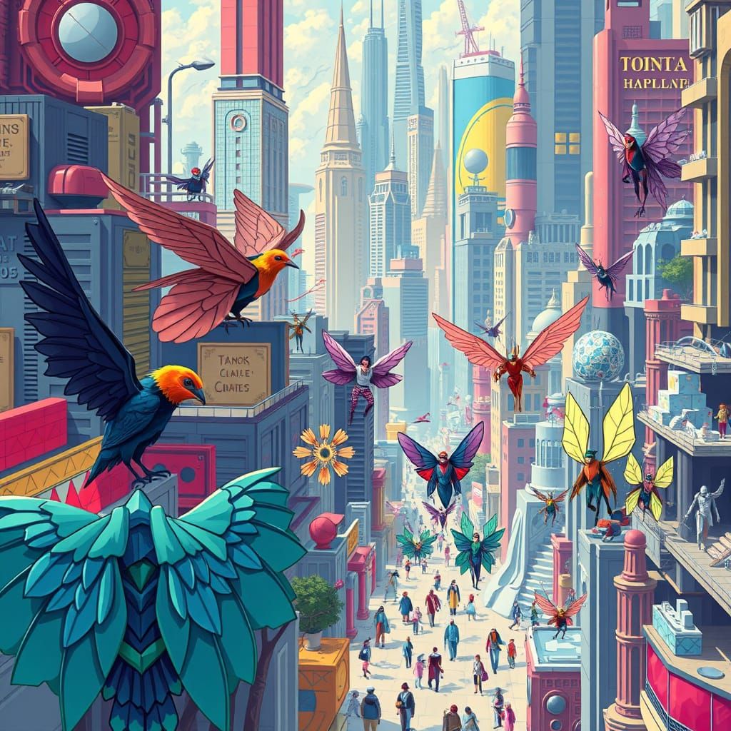 Cityscape of Winged People in Futuristic Style