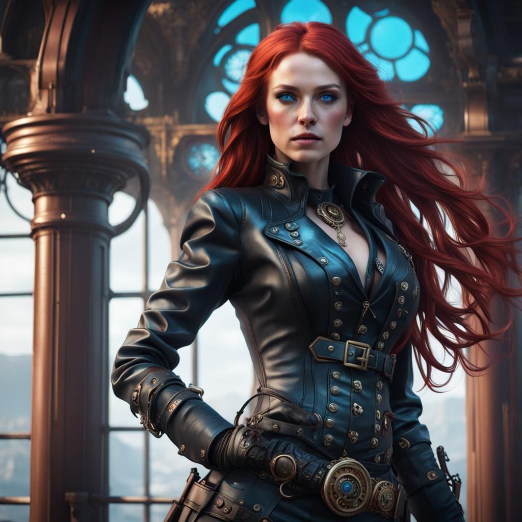 Steampunk Woman with Red Hair in Detailed Digital Art